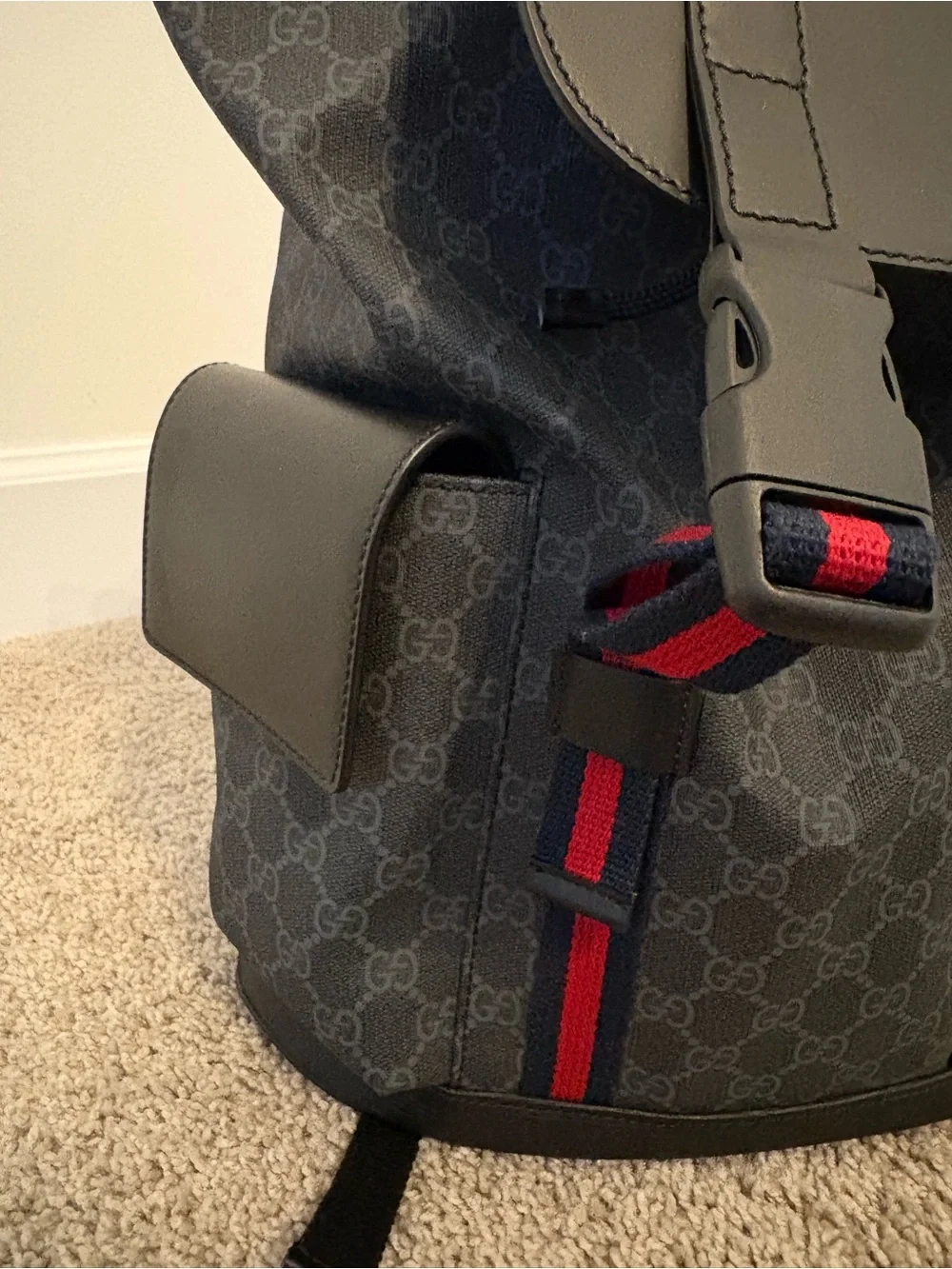 Brand New Gucci  Black GG Supreme Backpack with Red and Blue Web Straps